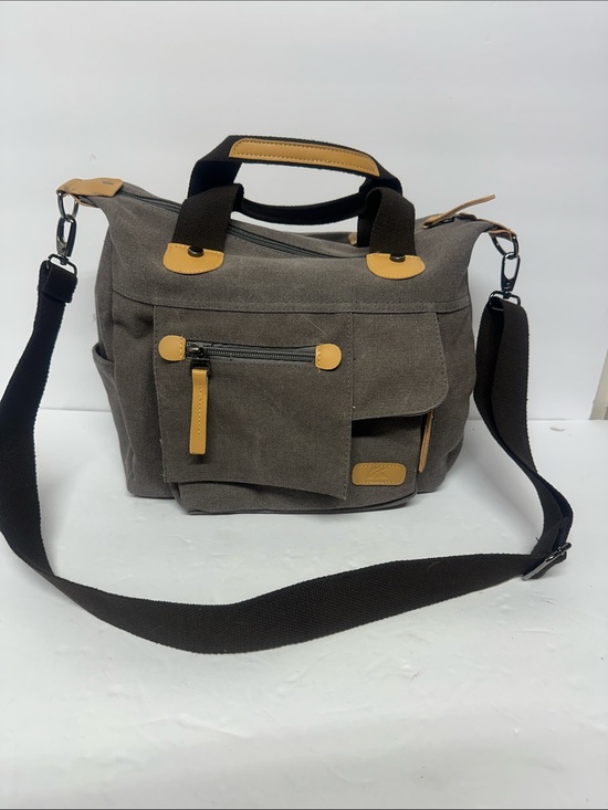 Handbags - Canvas Messenger Satchel Bag in Gray with Tan Accents